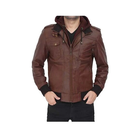 Men's Guerrilla Hooded Bomber Leather Jacket “ Genuine Leather, Removable Hood - Picture 2 of 3